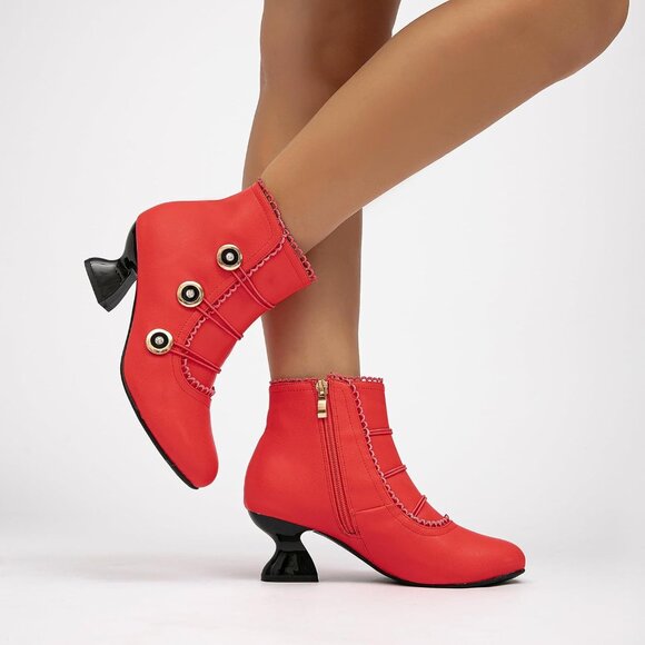 Women's Red Ankle Boots Low Heels Lace Buttons Round Toe Side Zipper - Picture 6 of 7